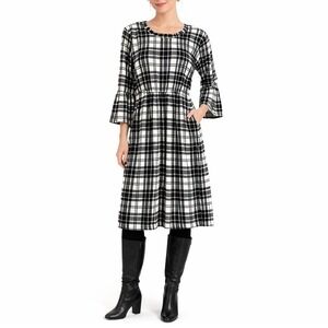 Betseys Boutique Shop‎ Womens Dress L Black White Office Retro Plaid Midi Knit